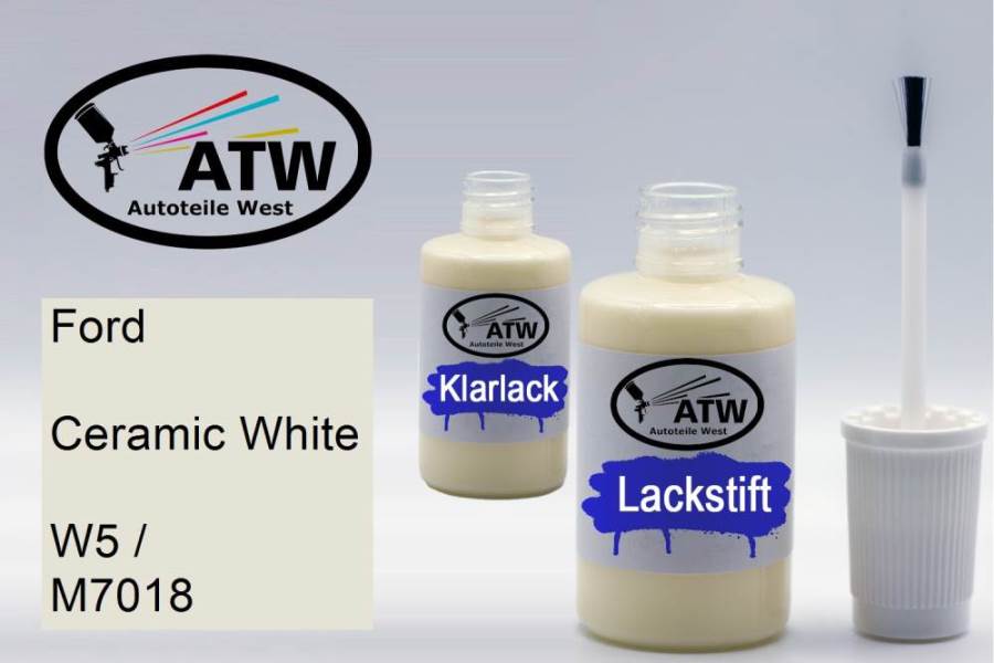 Ford, Ceramic White, W5 / M7018: 20ml Lackstift + 20ml Klarlack - Set, von ATW Autoteile West.